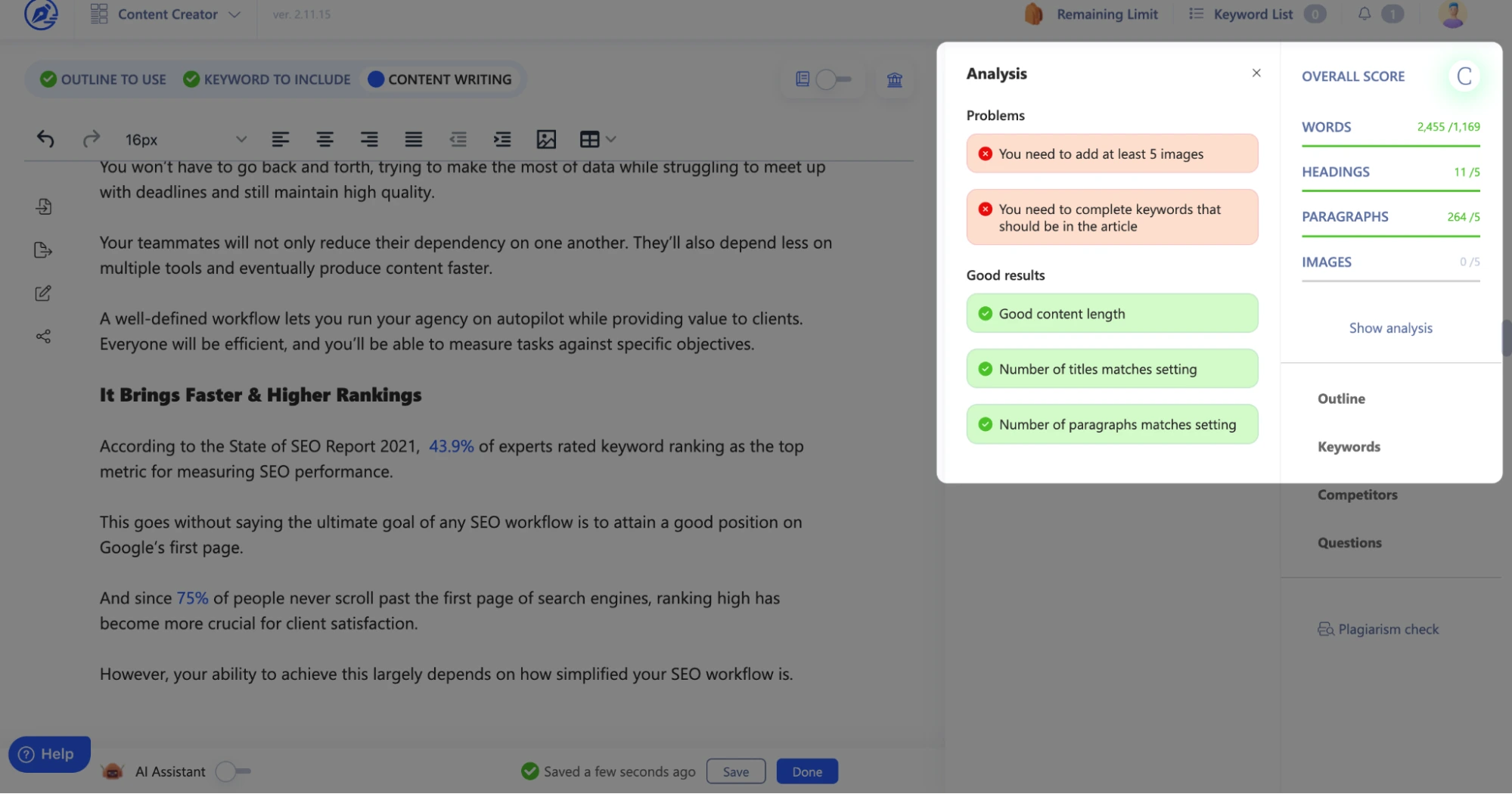 Optimize the content using the suggested improvement and overall score analysis