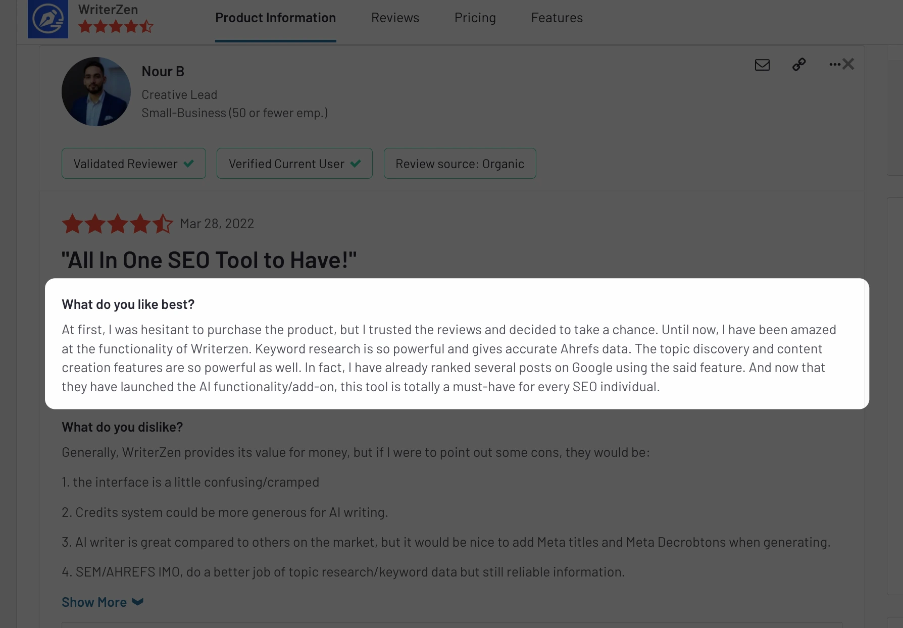 WriterZen Review on G2 Crowd