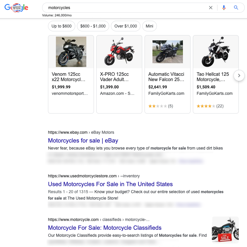 Search results try to sell you a motorcycle