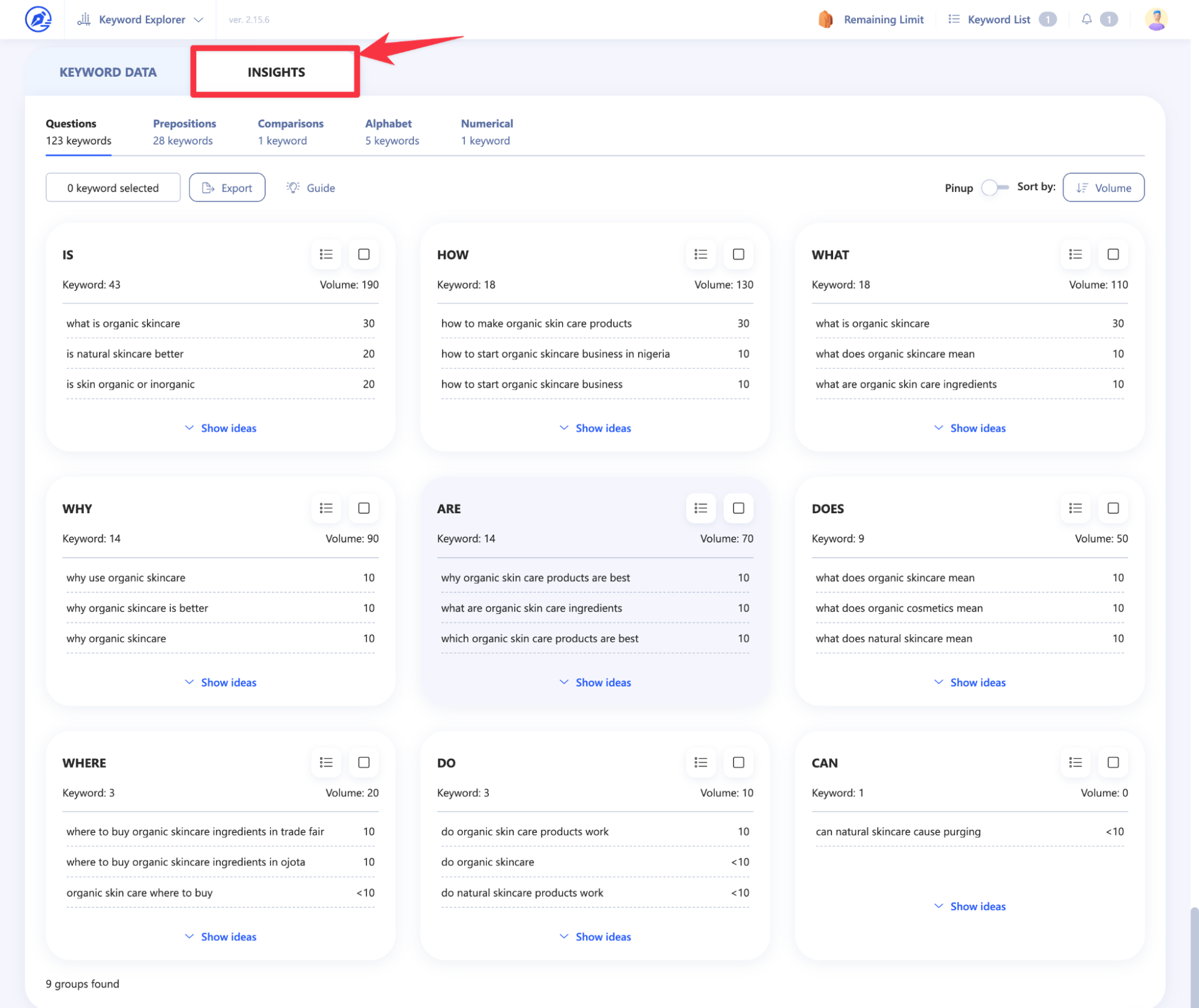 Insights Tab of WriterZen