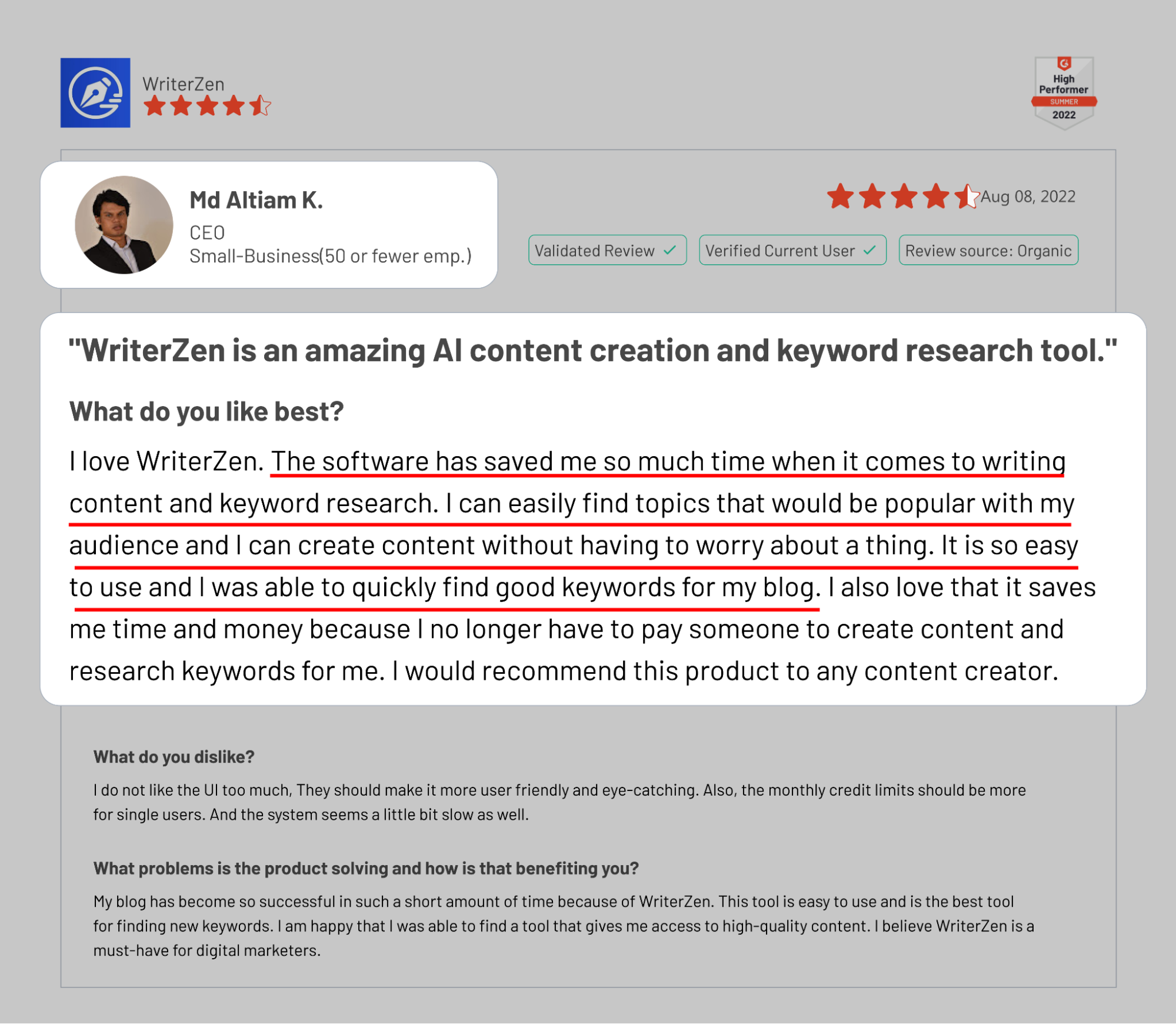 Feedback From User After Using WriterZen AI Tool