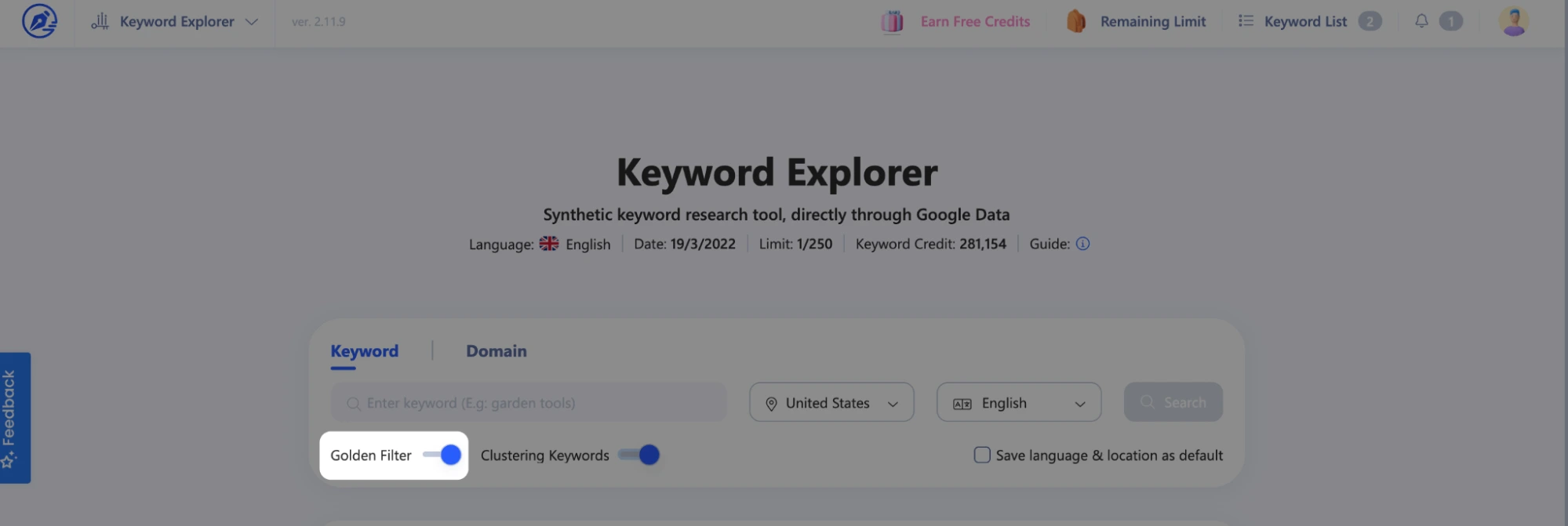 Turn on Golden Filter on WriterZen Keyword Explorer page