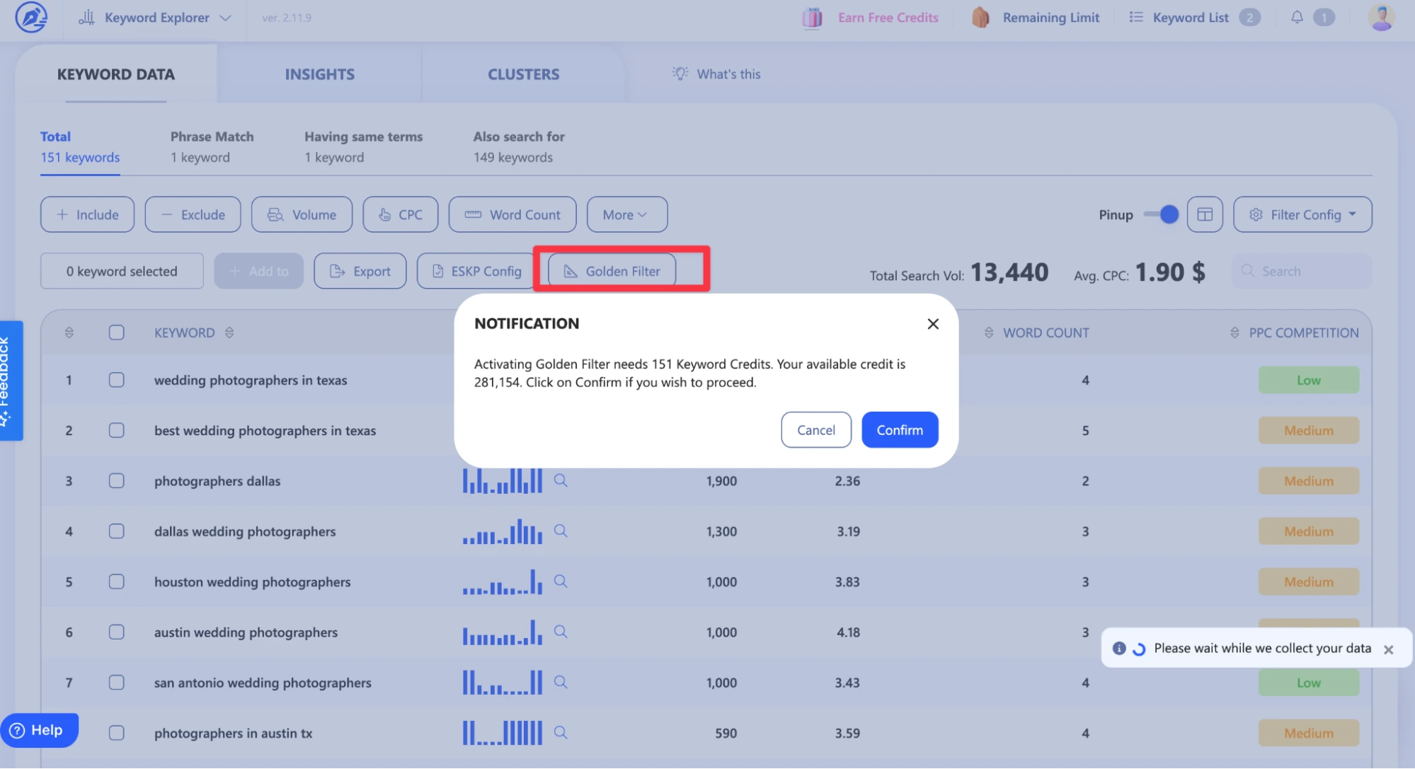 Turn on Golden Filter on WriterZen Keyword Explorer page