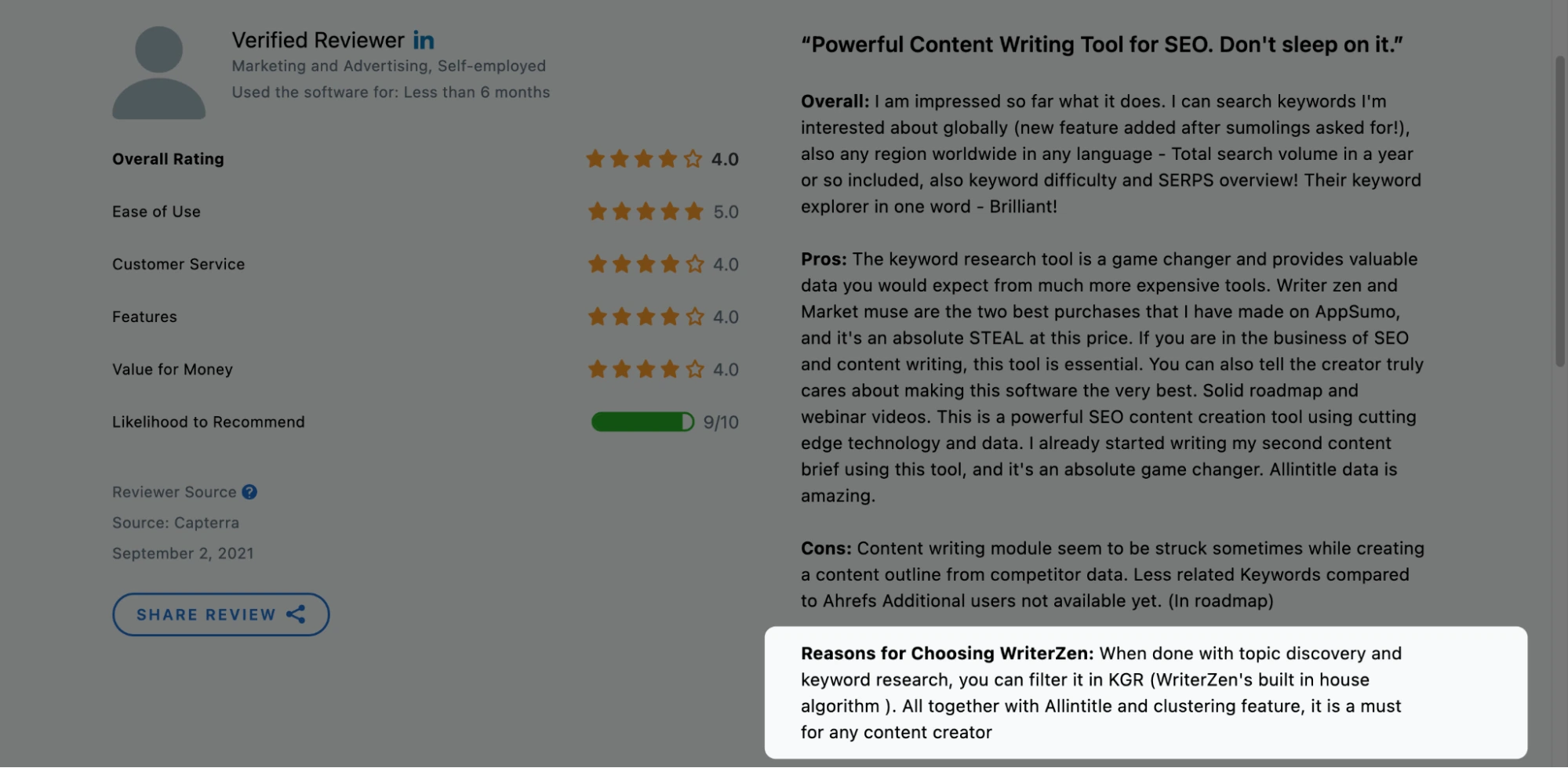 WriterZen Review on Capterra