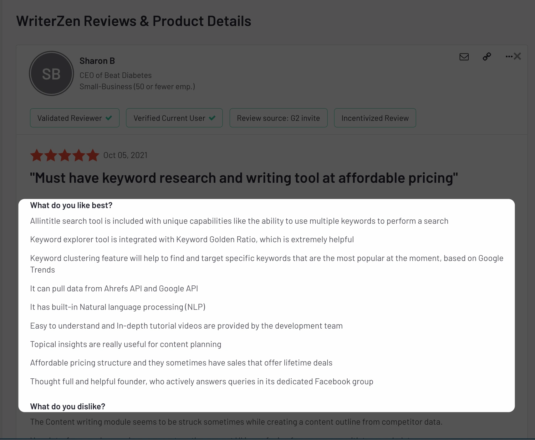 WriterZen Review on G2 Crowd
