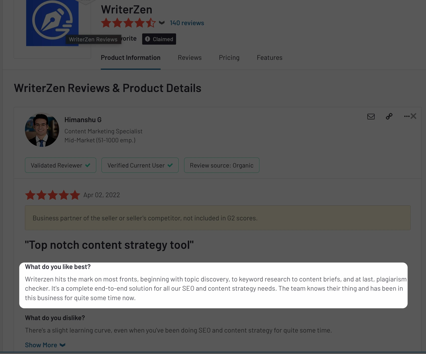 WriterZen Review on G2 Crowd