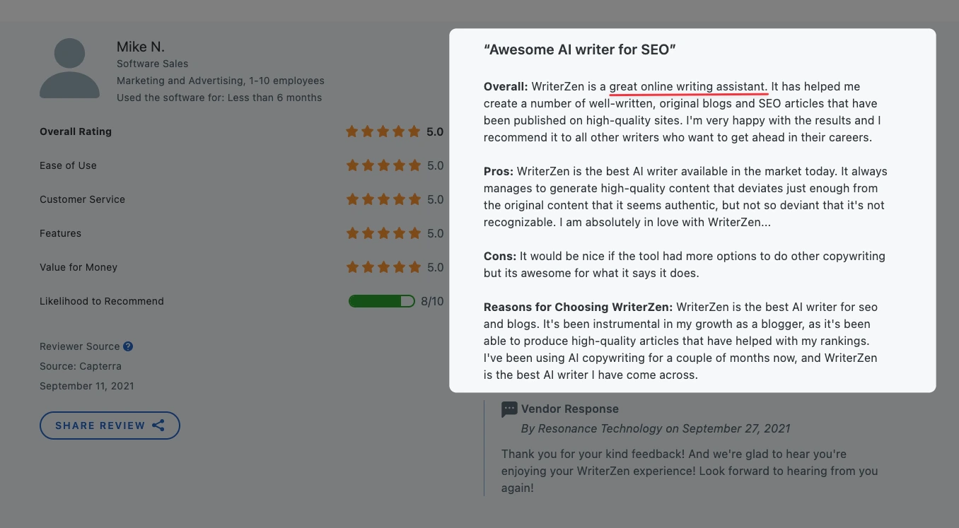 WriterZen Review on Capterra