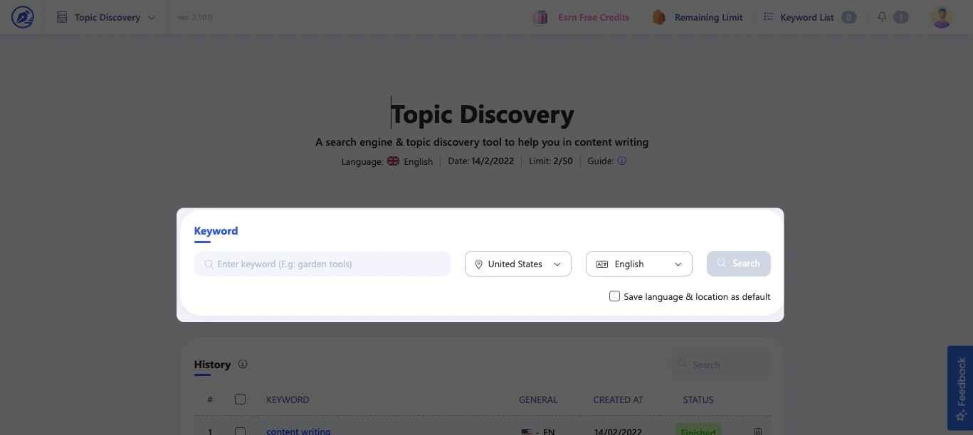 Enter Seed Keyword in Topic Discovery